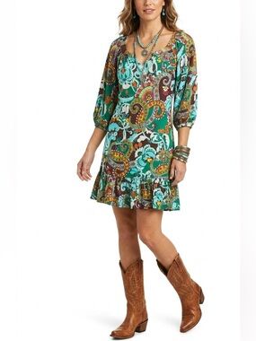 Uncle Frank $144 Ruffled Hem Paisley Boho Mini Dress S P2P 19.5” L 33.5” vibrant